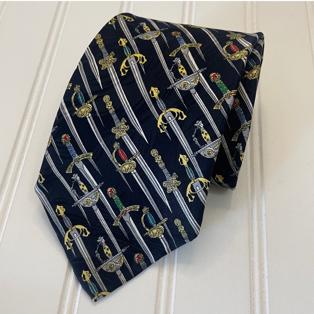 Museum Artifacts Mens Silk Tie Black Medieval Sword Rapier Pattern Handmade